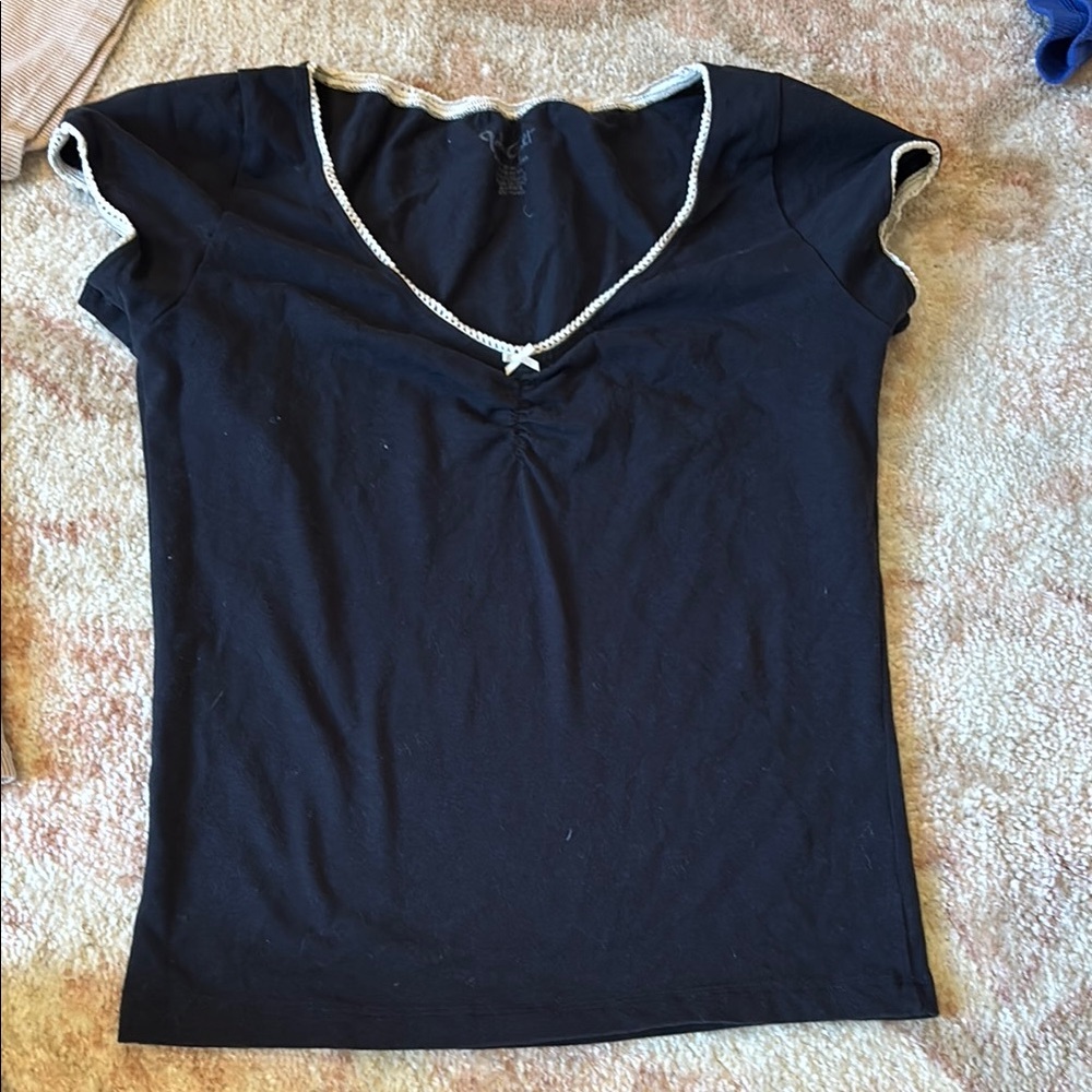 Brandy Melville Black Fitted Blouse with White Trim